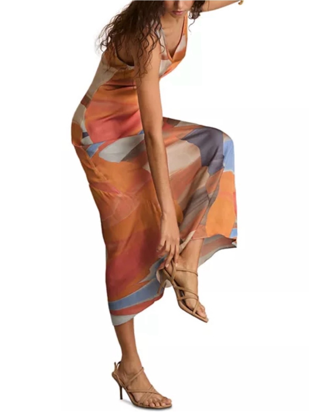 REISS Sunset Print Sleeveless Slip Maxi Dress - Coral Casual Vacation